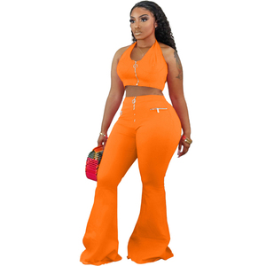 Tuta S-3XL da donna estiva tinta unita senza maniche con cerniera serbatoio ampio svasato pantaloni da motociclista più set di pantaloni due pezzi - Product Image 2