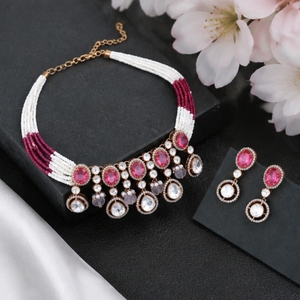 Stylish 925 <b>Silver</b> Necklace and Earrings Set with Pink and White Beads Elegant Indian Bridal Jewelry for Women - Product Image 1