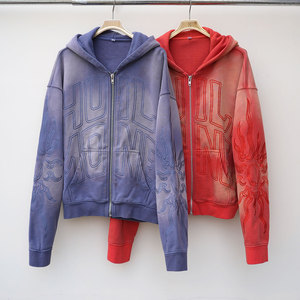 Sweat à capuche zippé Huili surdimensionné en molleton de coton épais, avec <span class=keywords><strong>logo</strong></span> brodé personnalisé, pour homme, style vintage, effet délavé et décoloré par le soleil - Product Image 1