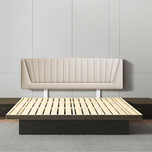 Schwebendes Bettgestell aus Sheesham-Holz mit Lattenrost, schwarzes Plattformbett mit gepolstertem Lederkopfteil und Stauraum - Product Image 4