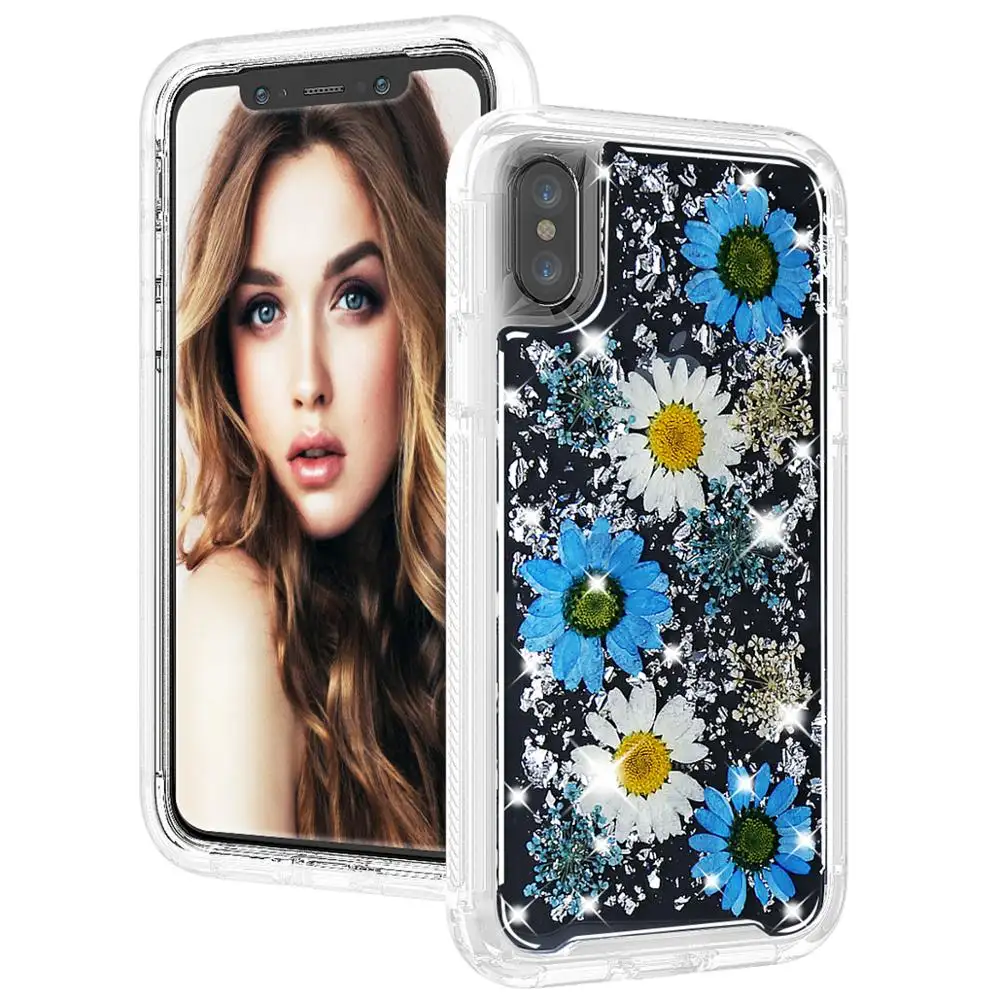 Wholesale 2 in 1 Shock Absorbed Pattern Dried Flower Painted Gold Foil Epoxy Back Cover For iPhone 15 Phone Case