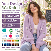 Damen Blumenstickerei-Cardigan V-Ausschnitt Knopfleiste Locker Sitzender Flauschiger Strickpullover mit Ballonärmeln Maßanfertigung OEM ODM