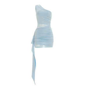 Robe d'été pour femmes Viviblook C26DS134, nouvelle robe décontractée unie sans manches, à épaule unique, avec ruban en dentelle, mini robe de soirée - Product Image 5