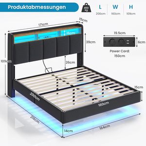 <span class=keywords><strong>Letto</strong></span> Moderno 160x200cm con Illuminazione LED, <span class=keywords><strong>Testiera</strong></span> Imbottita, Design con Stazione di Ricarica, Pannello in MDF, Arredamento Camera da <span class=keywords><strong>Letto</strong></span> - Product Image 2
