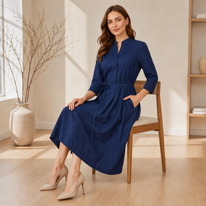 <span class=keywords><strong>Abito</strong></span> Midi da Donna <span class=keywords><strong>Blu</strong></span> Navy in Misto Cotone e <span class=keywords><strong>Lino</strong></span>, Collo Alto, Maniche 3/4, Cintura Annodabile, Vestito Casual Ampio e Dritto con Tasche - Product Image 2