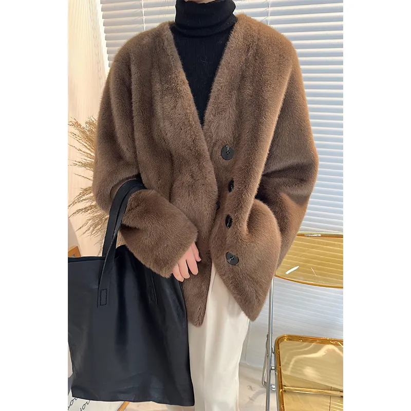 Casaco de inverno quente de alta qualidade com gola V grosso, casaco de pele de vison integrado, casaco de pele sintética para mulheres, casaco de inverno para mulheres