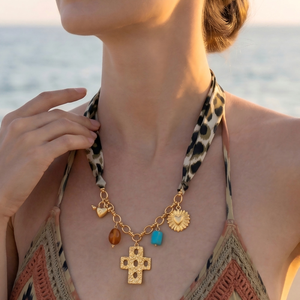 Collana da donna trendy in acciaio inossidabile placcato oro PVD 18K, con ciondoli a forma di leopardo, sciarpa, sole, croce, cuore, occhio di diavolo, resistente all'ossidazione, estiva - Product Image 5