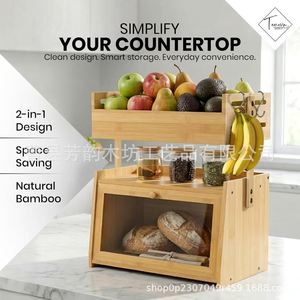 Estante de Madera de Doble Capa para Almacenamiento de Pan con Cesta para Frutas, Organizador Multifuncional de Madera Sólida para Encimera de Cocina - Product Image 2