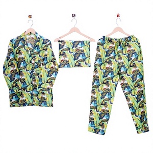 Floral Printed Lounge Set Women's Full Sleeve Long Pants Casual <b>Summer</b> Wear Soft Woven Fabric Loose Fit Turn-down Collar Suit - Product Image 1