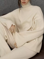 Ensemble deux pièces en cachemire 100 % pour femme, tricot côtelé vertical, haut en maille oversize à col cheminée, pantalon droit, tenue décontractée et confortable