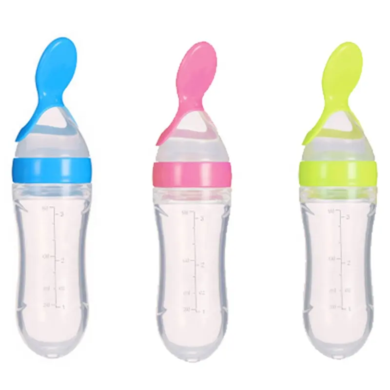 Hot Selling BPA Free 90ml Silicone Baby Food Squeeze Bottle Feeder Spoon/Feeding Spoon Dispenser