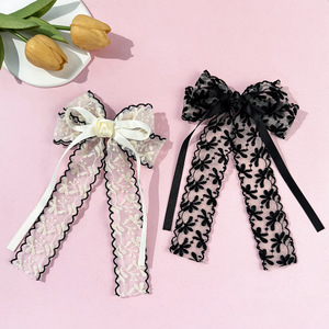 Grosir klip rambut busur pita elegan Perancis klip busur bordir renda dengan pita Tulle tipis untuk wanita - Product Image 1