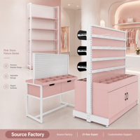 Étagère de présentation cosmétique rose, présentoir de maquillage, vitrine de magasin de beauté, mobilier de boutique avec système de crochets pour panneau rainuré