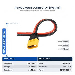 Connettore Maschio AS150U con Protezione Antiscintilla, Spina Maschio 15Ω con Cavo 8AWG 300mm per Batterie Lipo 6S 12S - Product Image 2