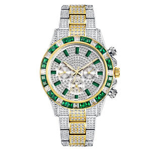Reloj de Lujo para Hombre 2025, Estilo Hip Hop, Completamente Engastado con Diamantes, Dorado, Verde, Cuarzo, Resistente al Agua, Correa de Acero y Cuero, Fase Lunar de Zafiro - Product Image 5