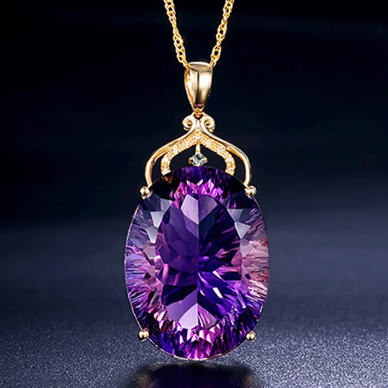 2023 Hot Sale Women Water Drop Purple Gemstone 18k Gold Necklace Luxury Natural Amethyst Pendant Necklaces Jewelry