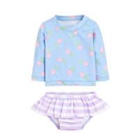 Fabrieksgemaakte lange mouwen kinder rash guard tweedelig zwempak UV-bescherming schattig radijs print paars gestreept geruit bikini
