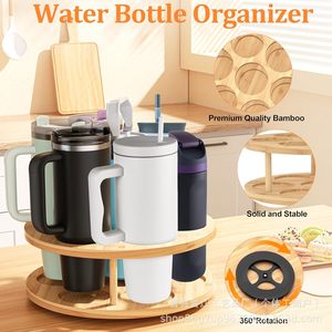 Bamboo rotating cup holder/water bottle organizer with handle, <b>kitchen</b> water cup storage <b>rack</b>. - Product Image 2