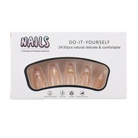 Faux ongles en amande à presser, couleur nude avec nœud doré et motif marbré, réutilisables, en acrylique, pour femmes