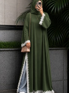 OEM ODM Custom Lace Trim Open Abaya <b>For</b> Women Elegant Modest Muslim <b>Long</b> <b>Dress</b> Dubai Islamic Abaya Robe With Hijab 260904 - Product Image 4