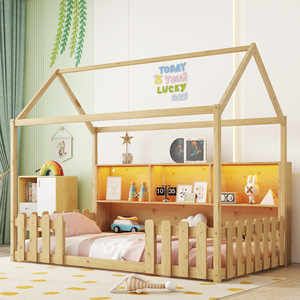 Cama Infantil Tipo Cabaña de Madera Individual con Barandilla y Estante de Almacenamiento para Dormitorio Infantil Color Trigo - Product Image 2