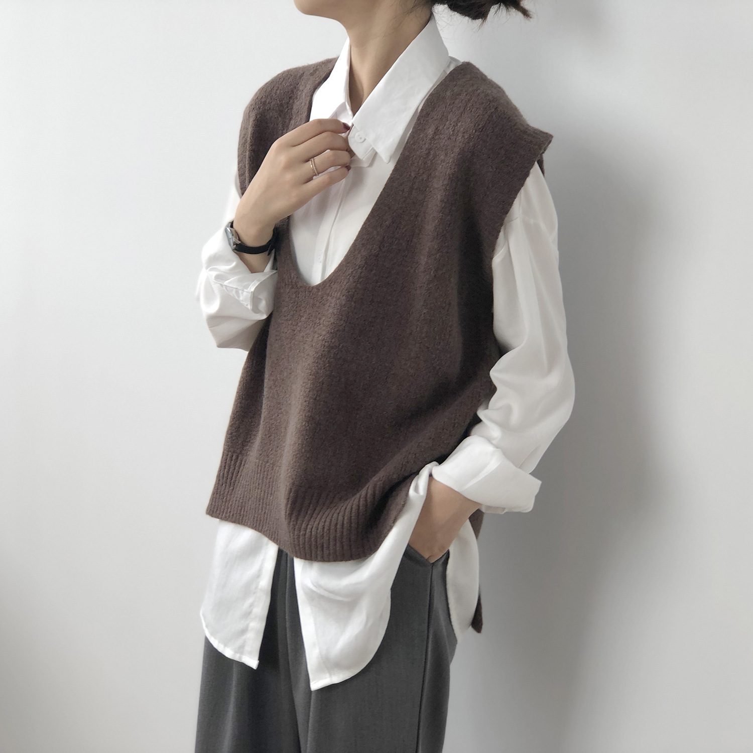 Tongmingyun Pullunder Mouwloze damestrui met V-hals, gebreid basic, effen tanktop, voor business, vrije tijd, sweater, zwart, XL