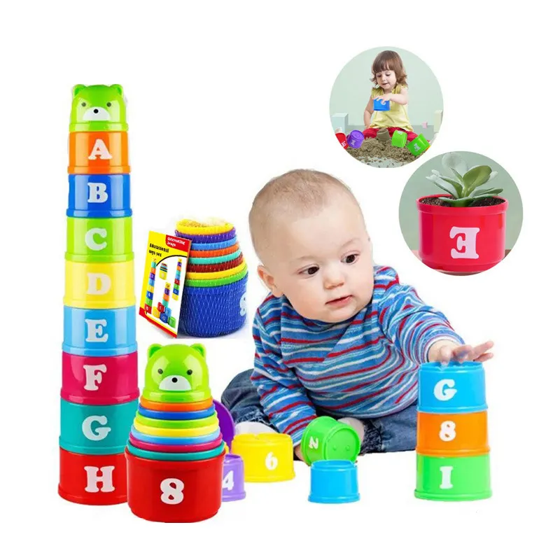 Hot Selling Baby ABS Plastic Stacking Cup Natural Colors Folding Cup Stack Up Cup Toys for Kids