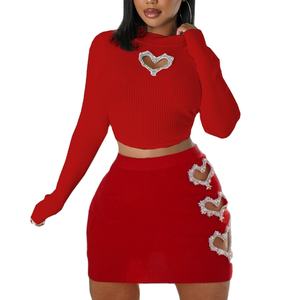 Women's Love Rhinestone Hollowed Out Navel Exposed Hot Girl T-shirt Short Dress Fashion Casual <b>Skirt</b> 2 Piece Set Fashion - Product Image 2