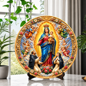 Piatto Decorativo in Resina con Madonna Coronata e Gesù Bambino, Bordo Rosa, Ornamento Religioso da Tavolo per Famiglia Cattolica - Product Image 4