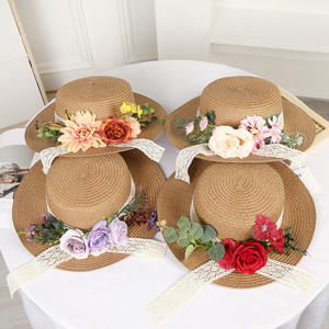 Chapeau de paille souple Baogan à fleurs pour femme, large bord, protection solaire, plage, avec fleurs séchées et nœud décoratif, chapeau d'été pour adulte - Product Image 1
