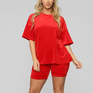 Conjunto de 2 Piezas para Mujer, Color Rojo, Manga Tres Cuartos, Cuello Redondo, Corte Holgado, Transpirable, Poliéster y Algodón 280gsm, Ropa Casual de Primavera/Verano - Product Image 3