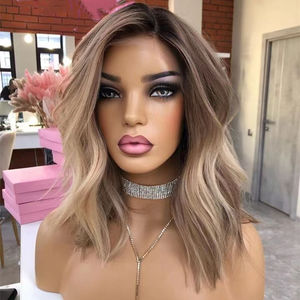 Wig Bob Pendek Bergelombang Ombre Pirang Abu Rambut Asli Eropa Berkualitas Tinggi Double Drawn Raw Human Hair Swiss Lace Front - Product Image 2