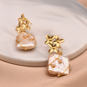 Boucles <span class=keywords><strong>d</strong></span>'oreilles pendantes à motif floral, perles baroques carrées naturelles, pour femmes, bijoux fins, vente en gros, boucles <span class=keywords><strong>d</strong></span>'oreilles en vrac - Product Image 5