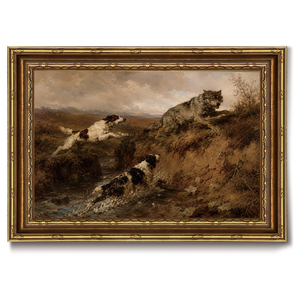 Peinture à l'huile vintage ornée encadrée or, chiens de chasse et paysage de prairie avec loup, décoration rustique pour cabane de prairie OEM ODM - Product Image 1