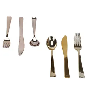 High Quality Disposable Rose Gold Plastic Spoons Forks Knife Flatware Set for Wedding
