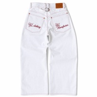 Jean droit ample personnalisé pour homme, style hip-hop, en denim brut non lavé 15oz, avec liseré selvedge et ligne rouge, broderie OEM