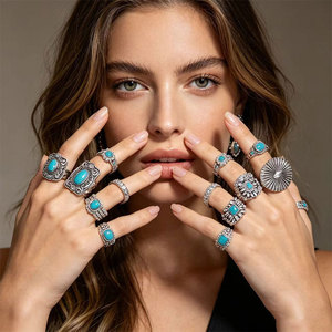 Anillos de Estilo Occidental con Incrustaciones de Turquesa para Mujer, Anillos Bohemios con Conchos de Turquesa al por Mayor, 11 Estilos a Elegir - Product Image 2