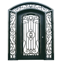 Puerta de Entrada de Hierro Forjado Estadounidense de Arco Superior con Ventanas Laterales Dobles y Panel Inferior, Diseño de Puerta de Hierro Forjado para el Hogar