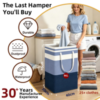 Panier à linge pliable de 84 L - 40x30x70 cm, grande capacité robuste, capacité de 25+ vêtements et 8 couvertures, maison moderne