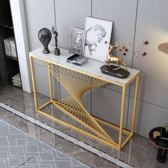 Nordic Gold Simple Luxury Console Table Modern Design Sintered Stone and Wood with Iron for Home Furniture and Porch Corridor