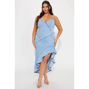 Manufacturer Customized Style Color Denim <b>Spaghetti</b> <b>Straps</b> High Slit Ruffle Hem Women Causal Dress - Product Image 1