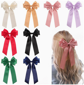Jepit Rambut Pita Besar Satin, Jepit Rambut Pita Panjang, Aksesoris Rambut Anak Warna Solid Elegan untuk Pesta 22cm - Product Image 1
