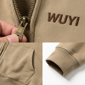 Sudadera con capucha de forro polar grueso para hombre, estilo vintage, oversize, con cremallera, color caqui, con logo personalizado, WUYI, estilo streetwear estético, tendencia 2026 - Product Image 5