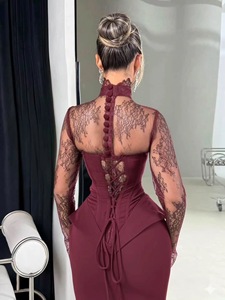 <span class=keywords><strong>Robe</strong></span> de soirée longue marron à manches longues, prête à être expédiée, en dentelle, dos nu, avec traîne, fente latérale, style Dubaï, pour bal de promo et occasions formelles, vente en gros - Product Image 5
