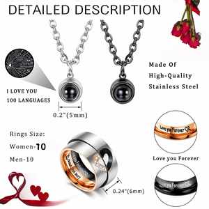 Collar De Pareja De Acero Inoxidable 100 Languages I Love You Projection Love Lettering <b>Ring</b> <b>Necklace</b> for Couple Jewelry - Product Image 2