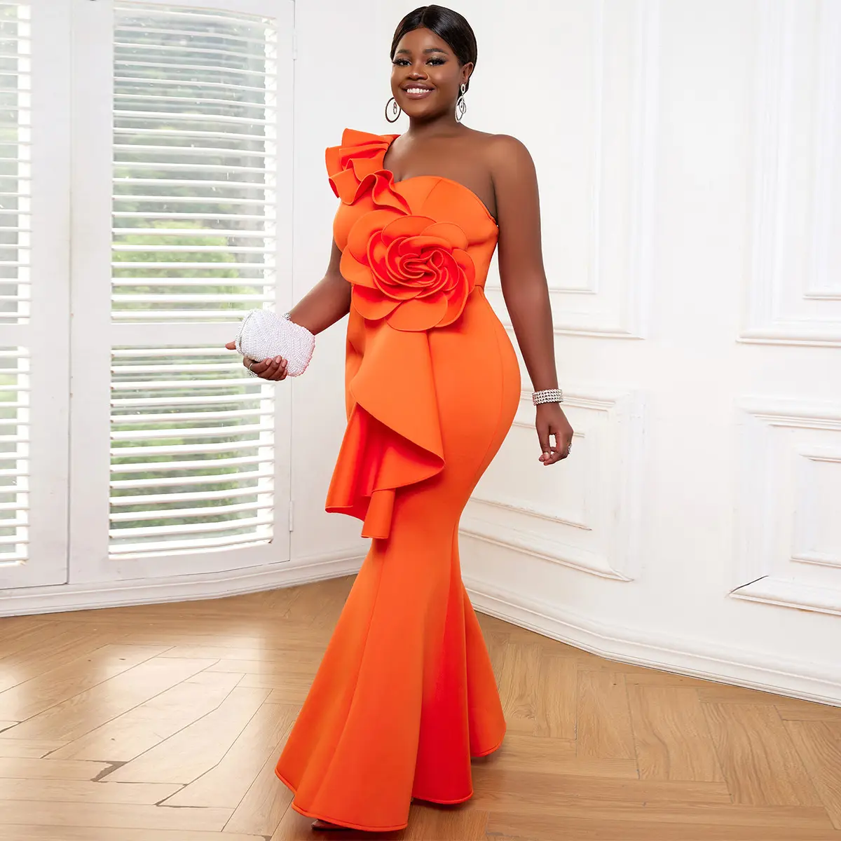 Ruffles Flower Orange Maxi One Shoulder Mermaid Women Evening Dresses