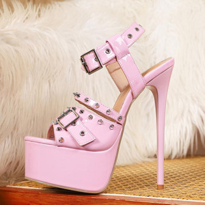 Women Metal Rivets <b>Platform</b> Sandals Peep Toe High Slim <b>Heels</b> Summer Shiny Belt Buckles <b>Ankle</b> <b>Strap</b> Shoes - Product Image 4