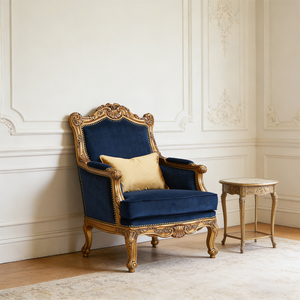 Fauteuil d'appoint de luxe italien personnalisé en velours bleu, avec cadre en bois sculpté à la main de style baroque, pour projets hôteliers - Product Image 1