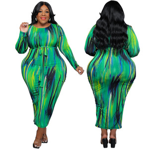 HO autunno prodotti popolari 2024 abbigliamento donna taglie forti girocollo maniche lunghe a righe irregolari stampa abito lungo - Product Image 1