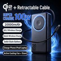 Batterie externe Qi2.2 20000mAh 100W, charge sans fil avec câble rétractable pour téléphone, tablette, ordinateur portable, batterie semi-solide